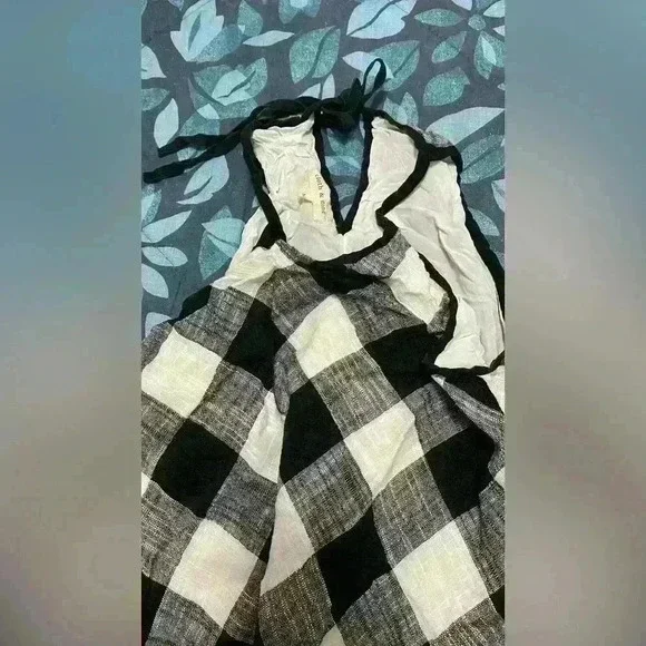 Anthropologie Cloth & Stone Black White Gingham Buffalo Check Fringed Dress M - Picture 2 of 3